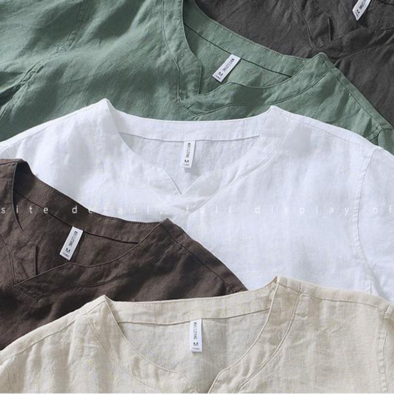 Casual Plain V-neck Short Sleeve Linen Men's Shirt
