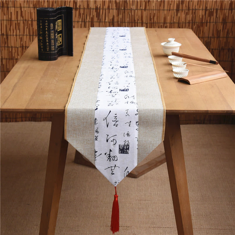 Classic Chinese Style Lotus Koi Fish Flower Crane Calligraphy Enlightenment Cotton Linen Tassels Table Runner
