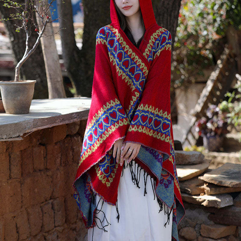 Tibetan Shawl Red Love Heart Tassel Hooded Cloak Winter Cozy Travel Scarf Wrap