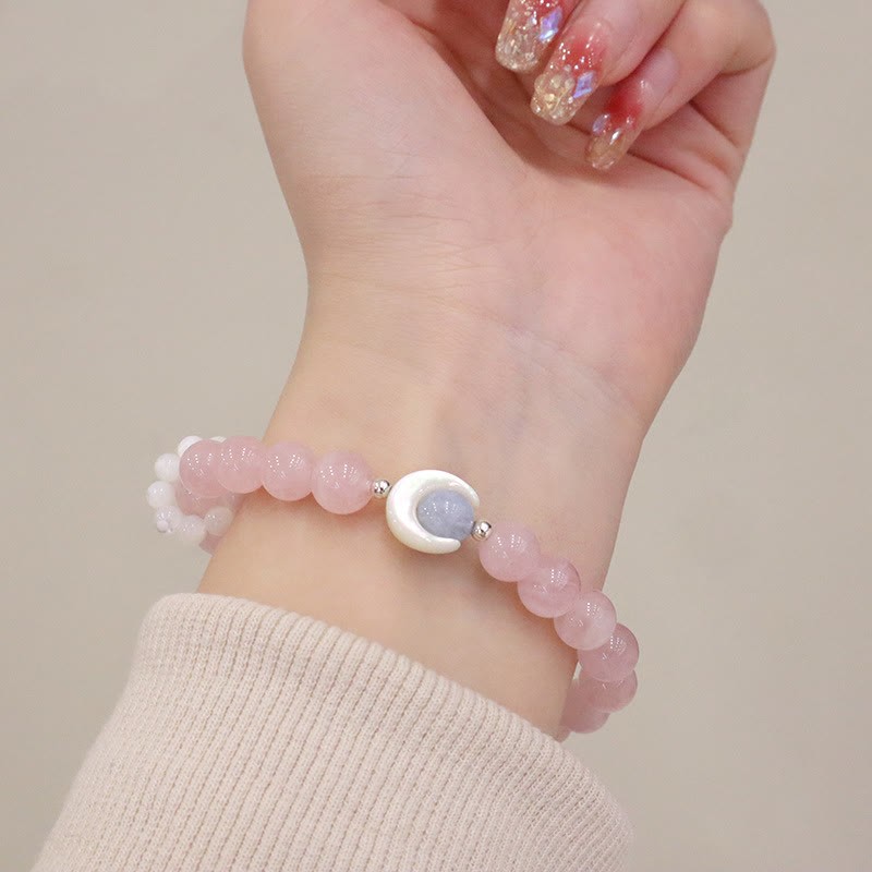 925 Sterling Silver Natural Amethyst Aquamarine Pink Crystal Cat's Eye Healing Crescent Moon Bracelet