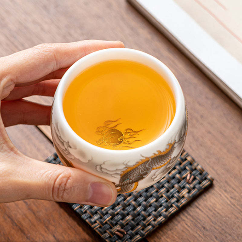 Dragon Phoenix Auspicious Clouds Ceramic Teacup Kung Fu Tea Cup With Gift Box
