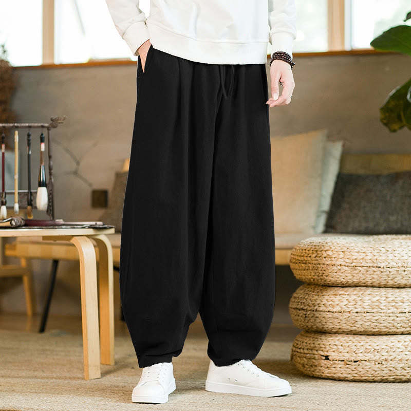 Solid Color Cotton Linen Drawstring Men's Harem Pants With Pockets