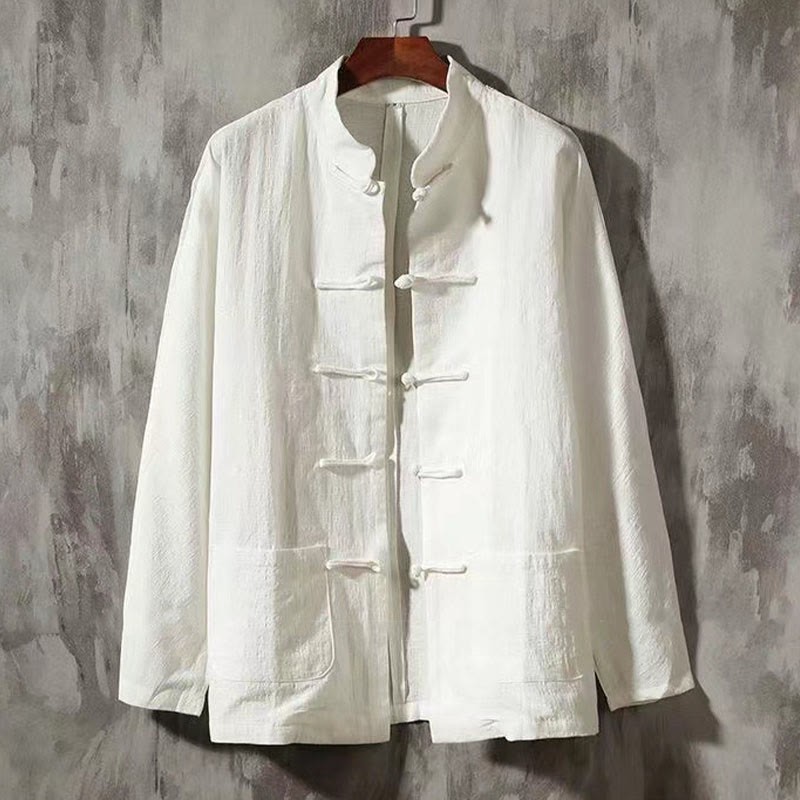Men's Tang Long Sleeve Shirt Frog Button With Pocket Stand Collar Comfort Linen Shirt