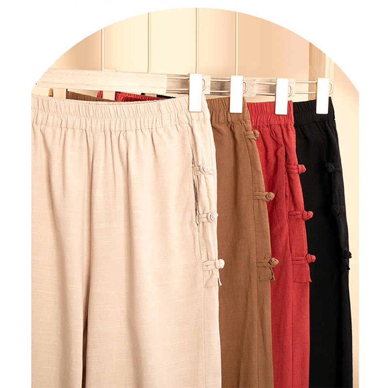 Casual Frog-button Plain Women's Cotton Linen Pants With Pockets