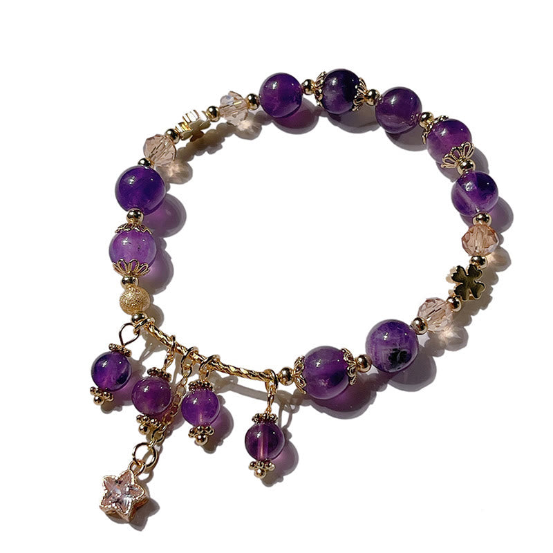 Natural Amethyst Four Leaf Clover Star Peace Bracelet