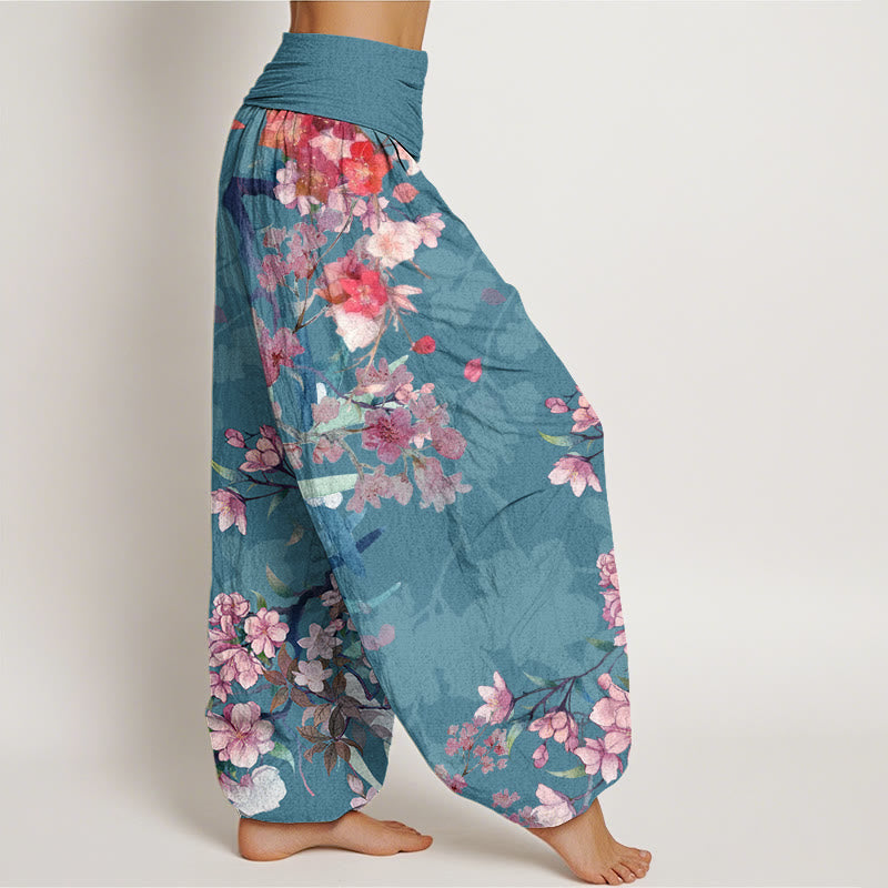 Red Pink Blooming Flowers Lush Branches Women's Elastic Waist Harem Pants