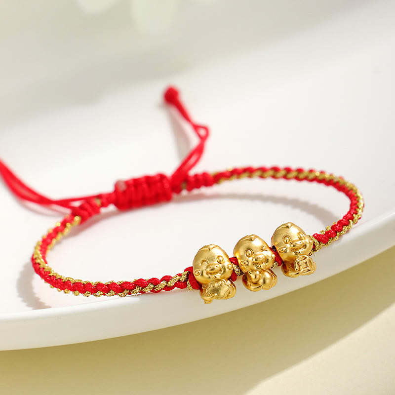 Handmade 999 Sterling Silver Golden Year Of Snake Fu Auspicious Clouds Ingot Copper Coins Red String Fortune Braided Bracelet