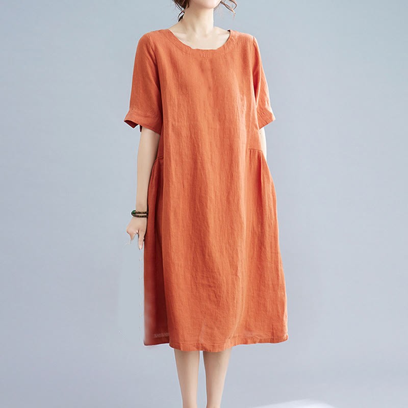 Casual Loose Solid Color Cotton Linen Crew Neck Half Sleeve Design Midi Dress With Pockets