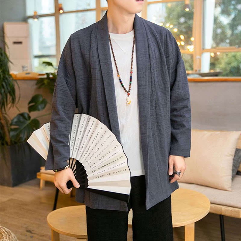 Fall Simple Loose Plain Linen Blend Men's Mid-length Coat Clothing