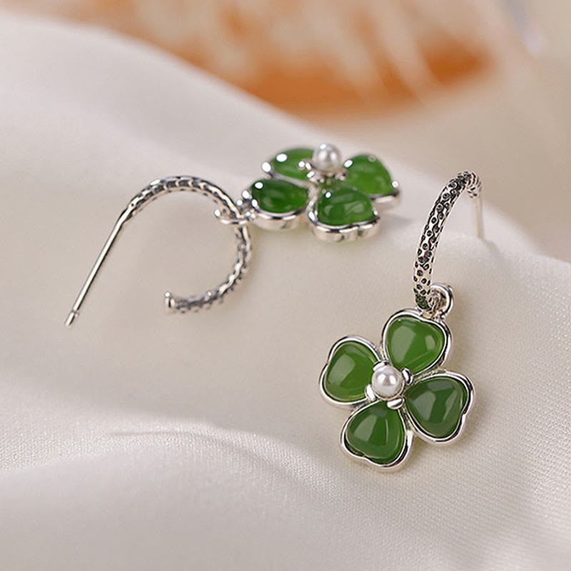 925 Sterling Silver Natural Cyan Jade Four Leaf Clover Luck Success Earrings