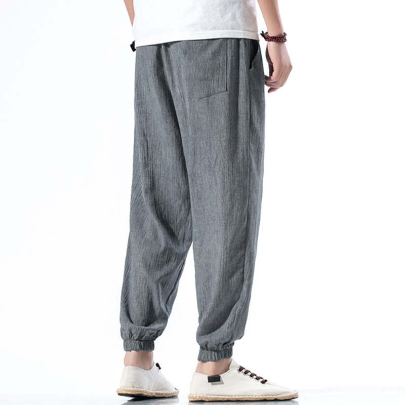 Casual Solid Color Drawstring Linen Men's Pants With Pockets
