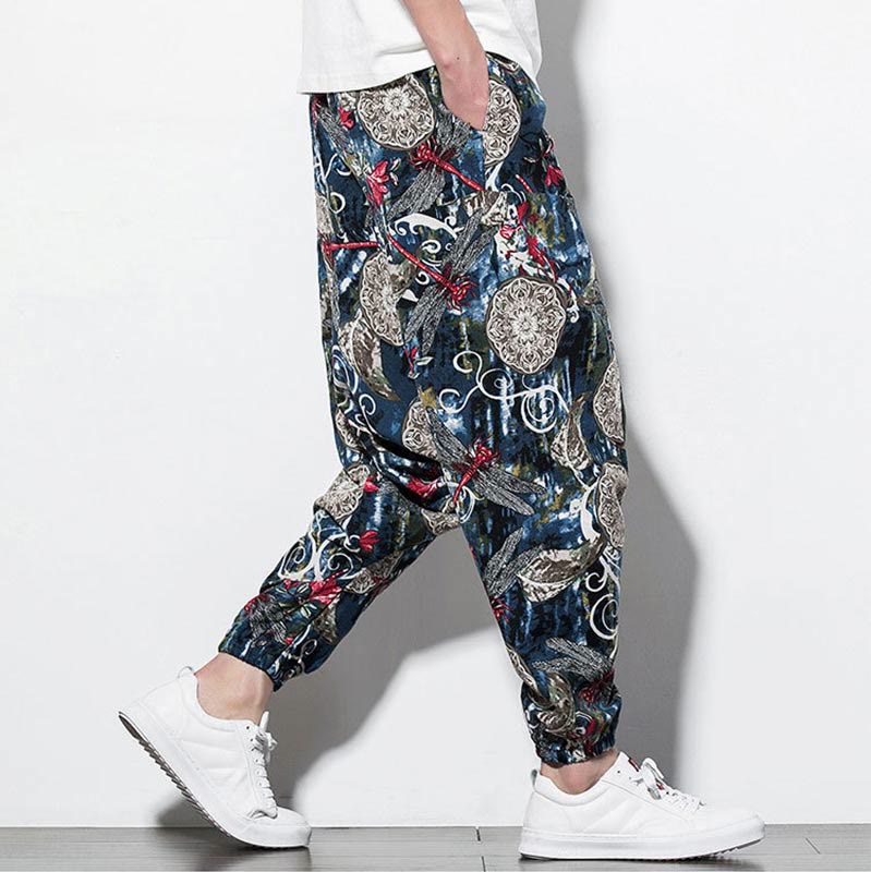 Red Dragonfly Dandelion Print Cotton Men's Harem Pants With Pockets