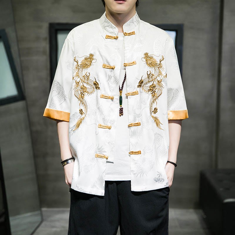 Frog-Button Chinese Dragon Embroidery Half Sleeve Shirt Linen Men Clothing