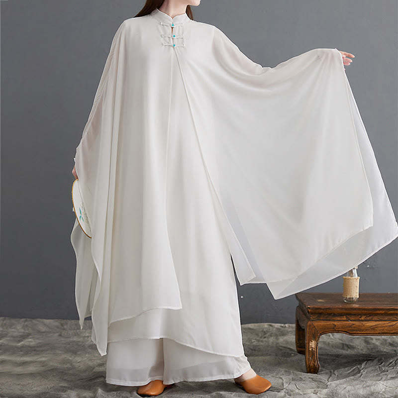 2Pcs Frog-Button Long Sleeve Midi Dress Wide Leg Pants Chiffon Zen Women's Set