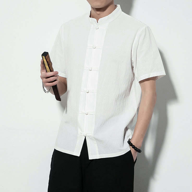 Casual Solid Color Front Frog Buttons Chinese Tang Suit Short Sleeve Linen Men's Shirt