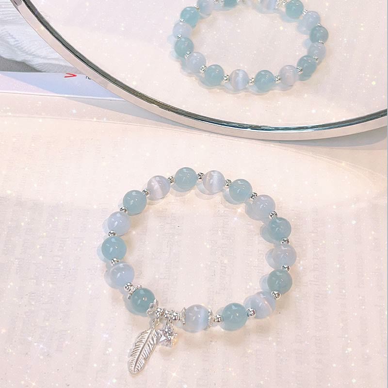 925 Sterling Silver Aquamarine Cat's Eye Healing Feather Star Charm Bracelet