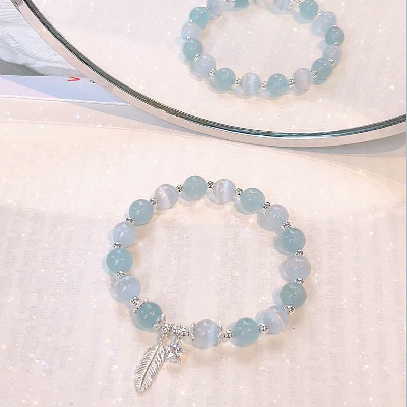925 Sterling Silver Aquamarine Cat's Eye Healing Feather Star Charm Bracelet