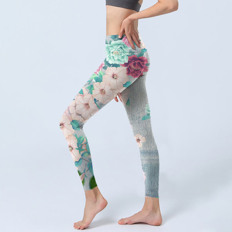 Colorful Peony Flowers Print Gym Fitness Leggings Women's Yoga Pants