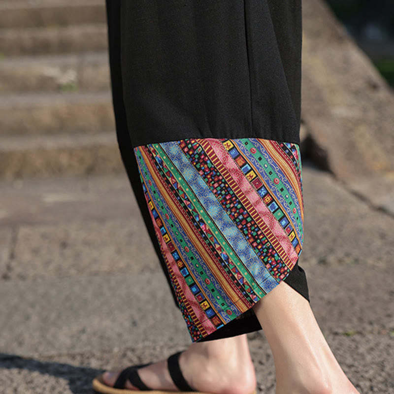 Bohemian Patchwork Pattern Cotton Drawstring Men's Wide Leg Pants With Pockets