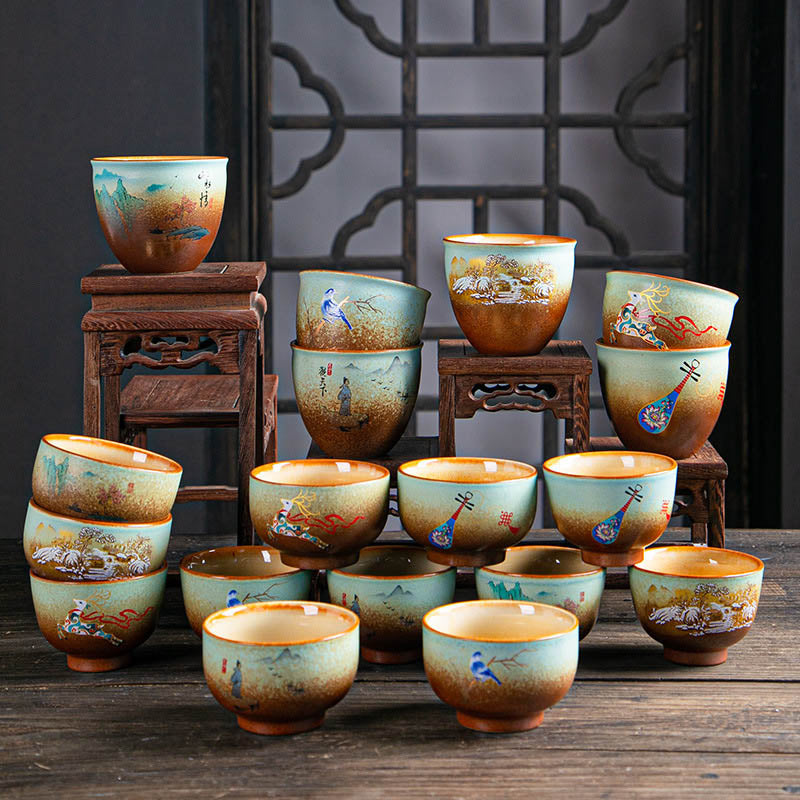 Colorful Deer Pipa Snow Plum Blossoms Mountains Rivers Bird Ceramic Teacup Kung Fu Tea Cup Bowl