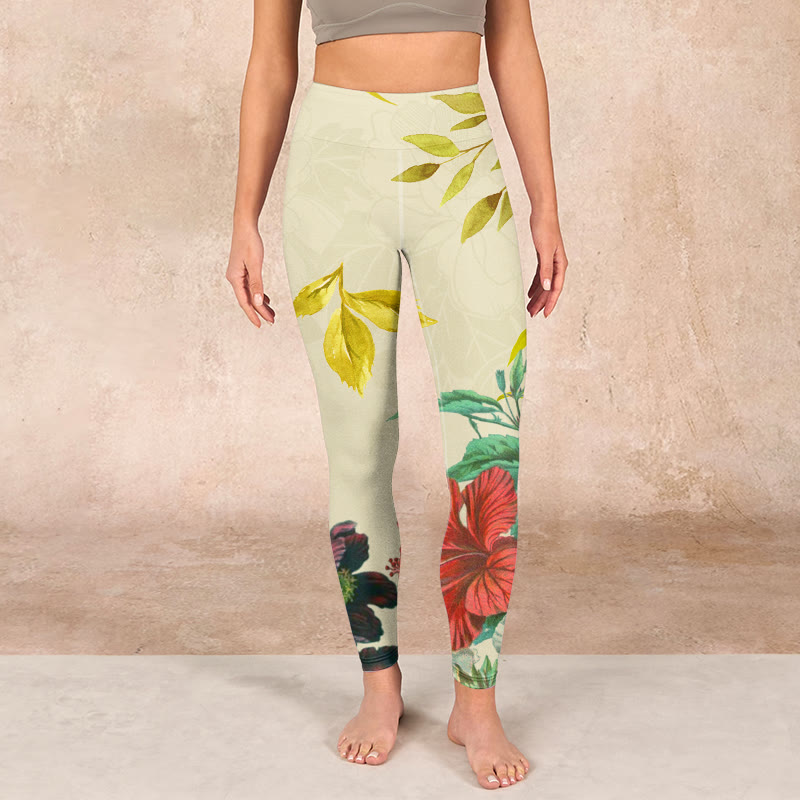 Golden Green Leaves Colorful Flowers Gym Leggings Women's Yoga Pants
