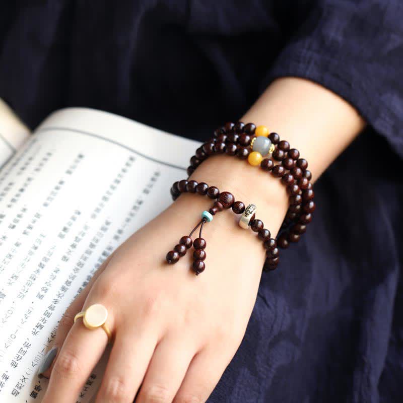 925 Sterling Silver Indian Small Leaf Red Sandalwood Hetian Gray Jade Amber Gold Star Bracelet