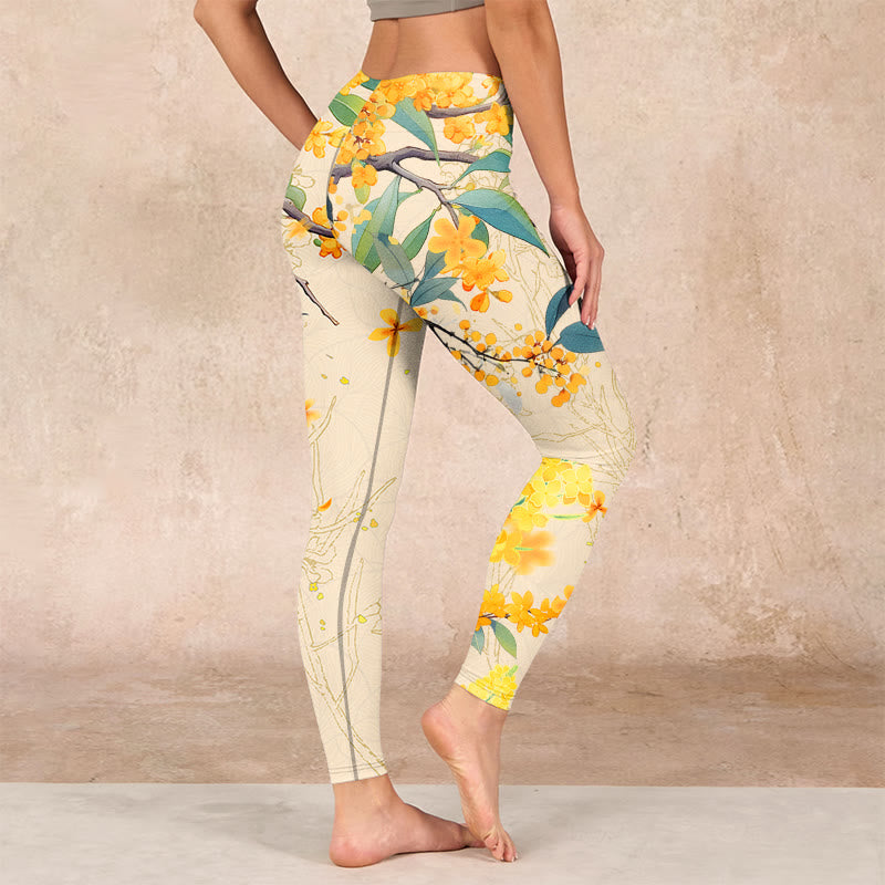 Yellow Osmanthus Fragrans Rapeseed Print Gym Leggings Women's Yoga Pants