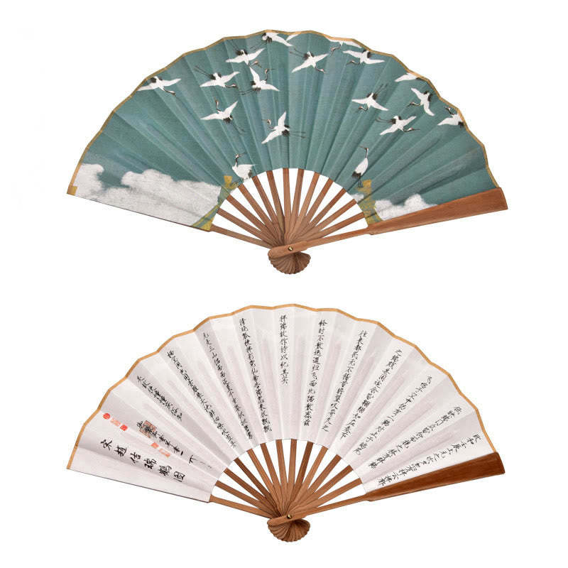 Cranes Auspicious Clouds Solid Color Gradient Handheld Cotton Linen Fabric Bamboo Folding Fan