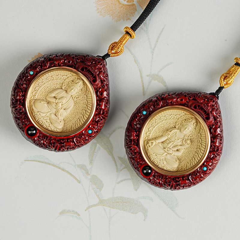 Chinese Zodiac Avalokitesvara Small Leaf Red Sandalwood Ebony Longevity Necklace Pendant