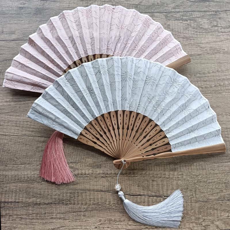 Solid Color Hollow Flowers Embroidery Cotton Fabric Handheld Bamboo Folding Fan
