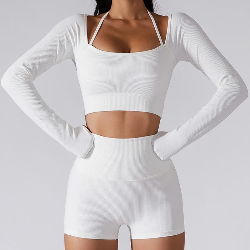 Ribbed Long Sleeve Crop Top T-shirt Shorts Sports Fitness Gym Yoga Outfits