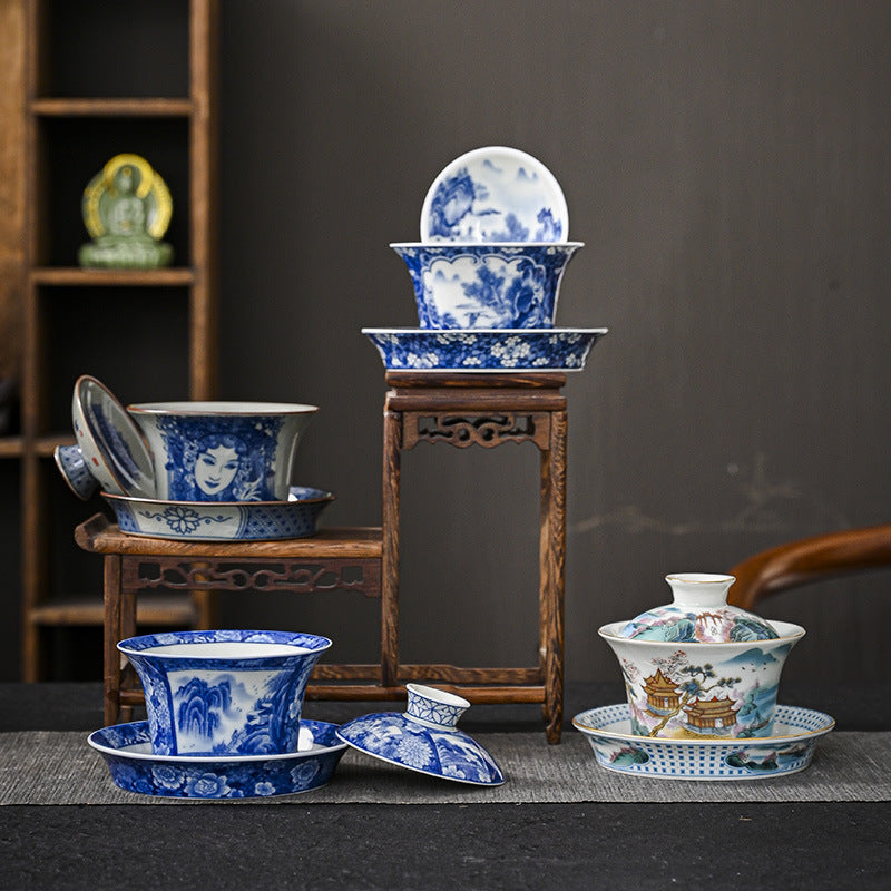 Jingdezhen Dragon Phoenix Pavilion Pine Flower Ceramic Gaiwan Sancai Teacup Kung Fu Tea Cup And Saucer With Lid 170ml