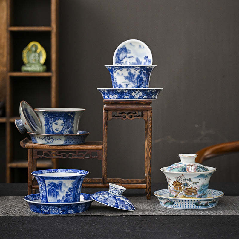 Jingdezhen Dragon Phoenix Pavilion Pine Flower Ceramic Gaiwan Sancai Teacup Kung Fu Tea Cup And Saucer With Lid 170ml