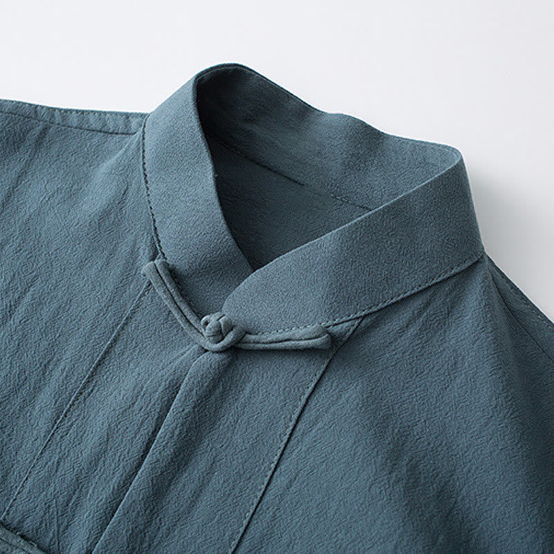 Frog-Button Chinese Tang Suit Half Sleeve Shirt Cotton Men Clothing With Pockets