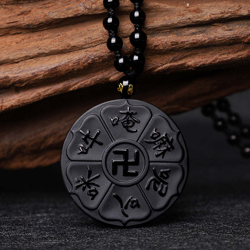 Natural Black Obsidian Tibetan Om Mani Padme Hum mystic zen Swastika Luck Necklace Pendant