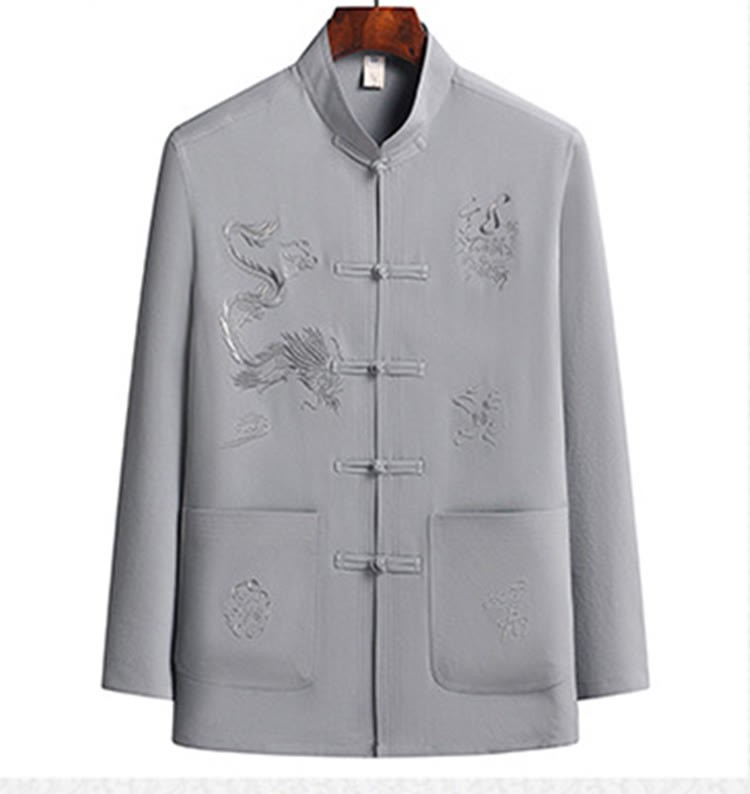 Chinese New Year Embroidered Dragon Frog-button Tang Suit Hanfu Long Sleeve Top Pants Clothing Men's Set