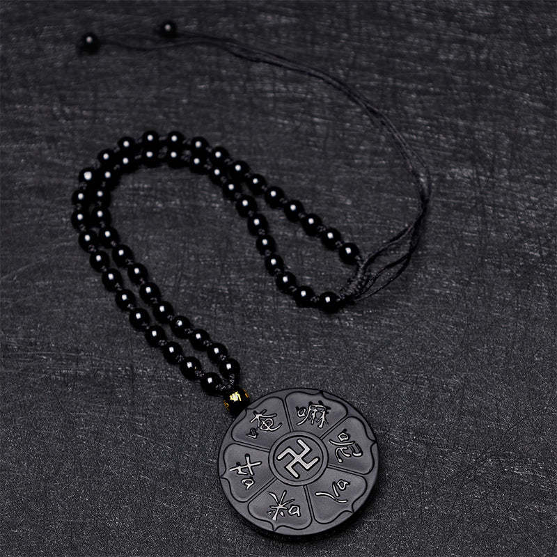 Natural Black Obsidian Tibetan Om Mani Padme Hum mystic zen Swastika Luck Necklace Pendant
