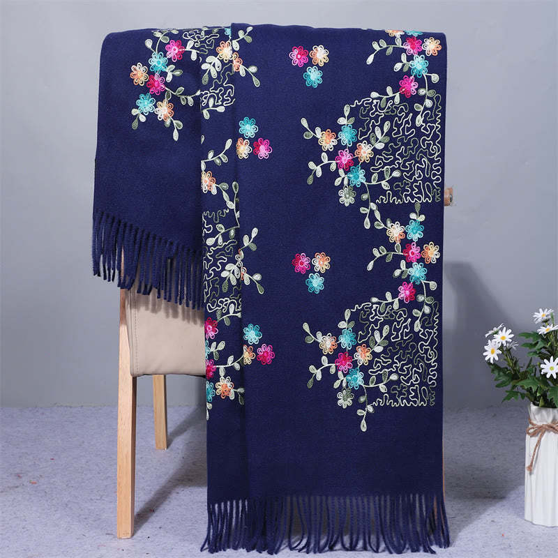 Rayon Fabric Shawl Colorful Small Flowers Embroidery Tassel Winter Cozy Travel Scarf Wrap