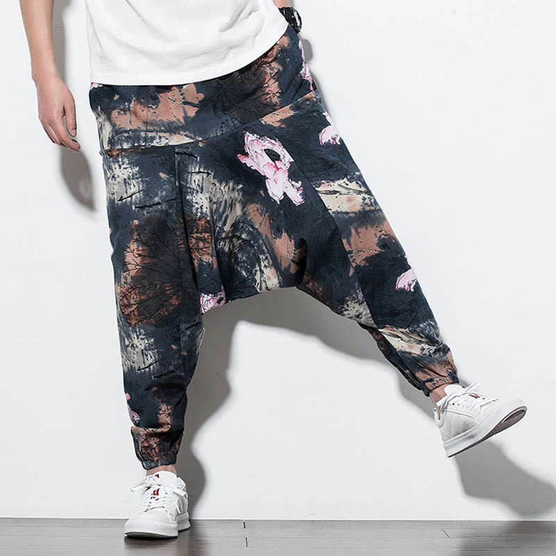 Pink Lotus Ink Painting Print Cotton Men's Long Cropped Harem Pants With Pockets