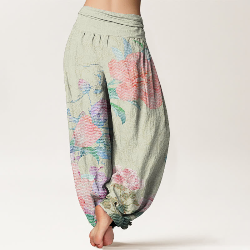 Casual Bright Peony Flower Grass Women's Elastic Waist Harem Pants