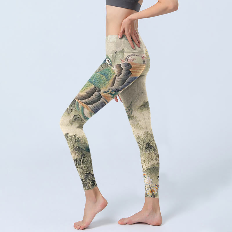 Peacock Auspicious Clouds Mountain Flowers Print Gym Leggings Women's Yoga Pants