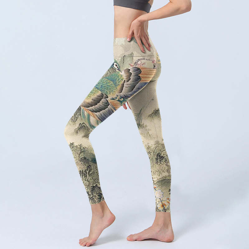 Peacock Auspicious Clouds Mountain Flowers Print Gym Leggings Women's Yoga Pants