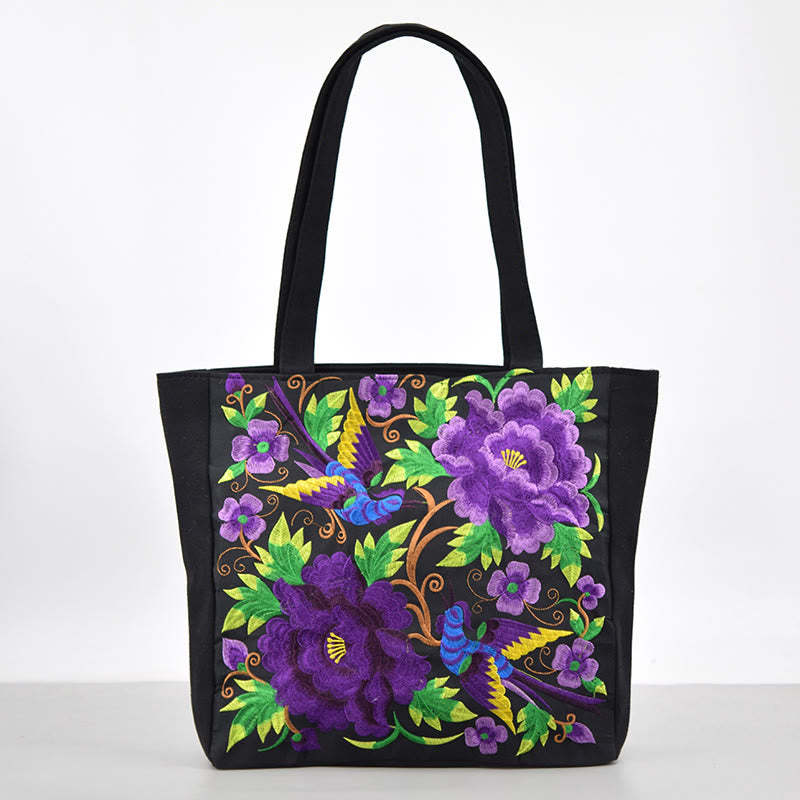 Galsang Magpie Peony Camellia Chrysanthemum Embroidery Canvas Shopping Purse Handbag Shoulder Bag