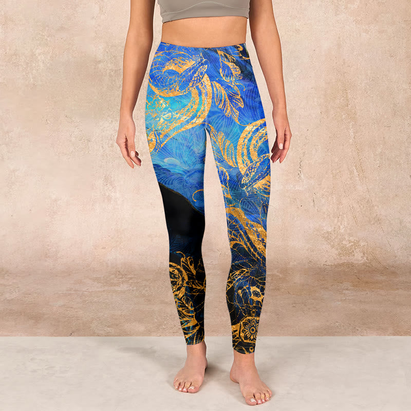 Black Snake Butterfly Flower Leaves Print Gym Leggings Women's Yoga Pants