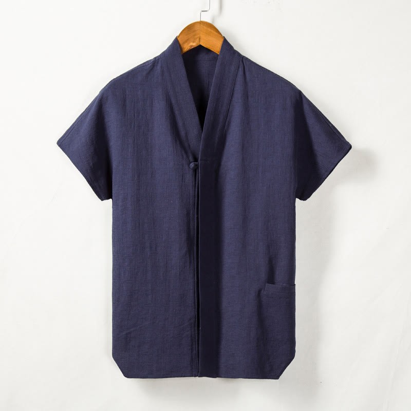 Men's Short Sleeve Shirt With Pocket V Neck Cardigan Comfort Cotton Linen Shirt