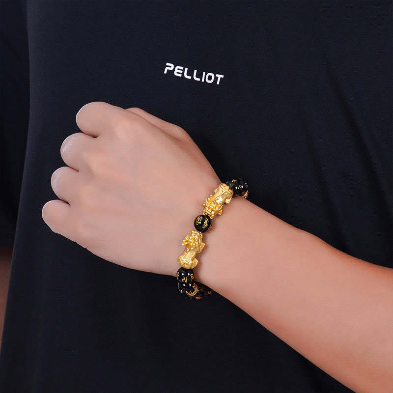 Black Obsidian Black Onyx Golden Alloy Two PiXiu Om Mani Padme Hum Strength Bracelet