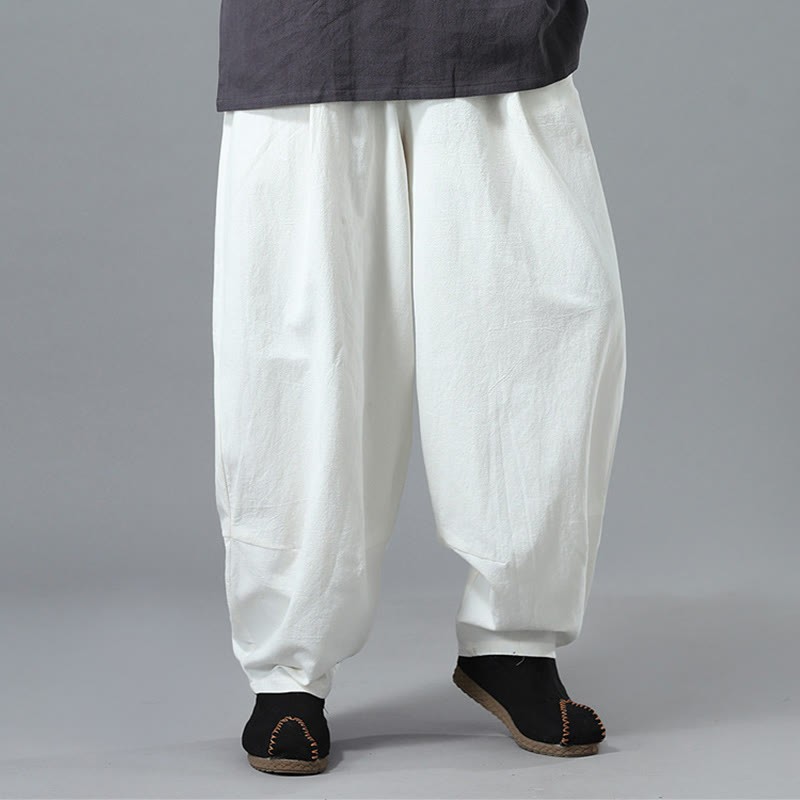 Casual Solid Color Drawstring Cotton Linen Men's Pants With Pockets