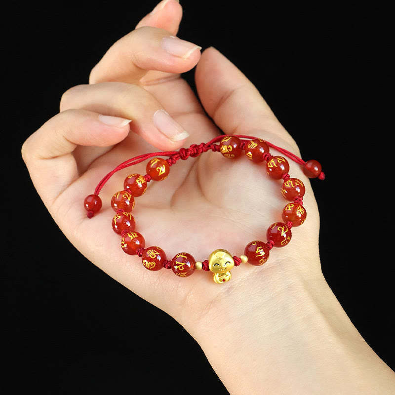 Red Agate Black Onyx Bead Copper Year Of The Snake Fu Character Om Mani Padme Hum Happiness Bracelet