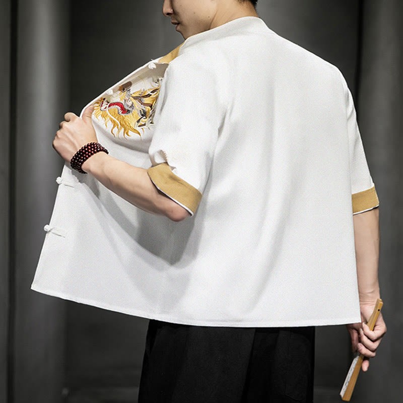 Frog-Button Chinese Dragon Auspicious Cloud Embroidery Half Sleeve Shirt Cotton Linen Men Clothing