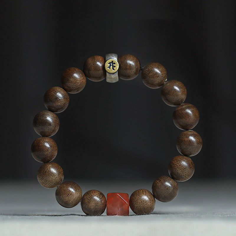 Chinese Zodiac Natal mystic zen Kalimantan Agarwood Red Agate Amber 925 Sterling Silver Bracelet